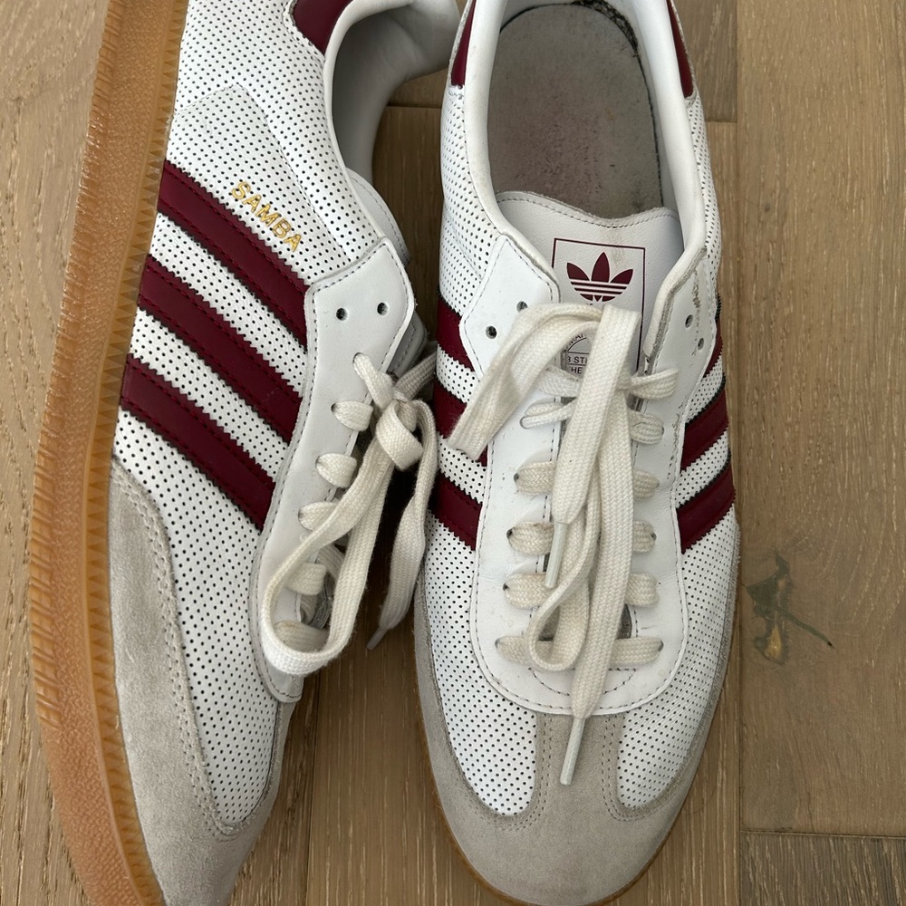 Adidas White and Burgundy Samba Sneakers with Gum Sole